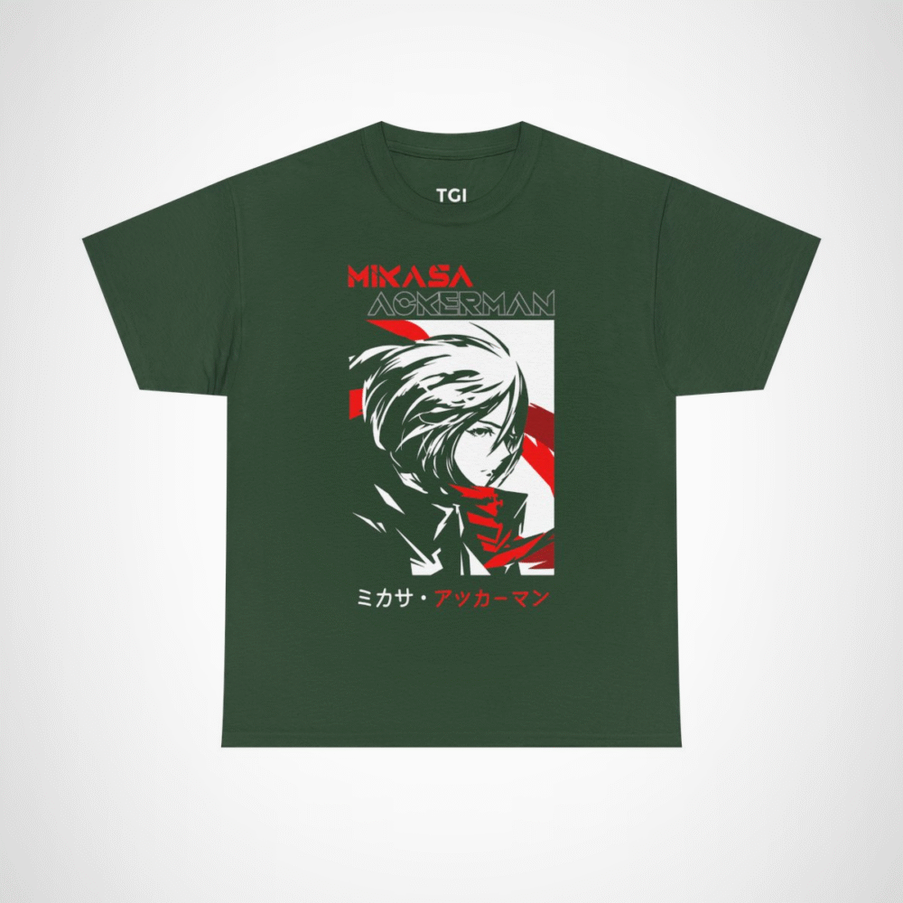 Mikasa Ackerman T-Shirt featuring vibrant artwork from Attack on Titan Forest Green colour