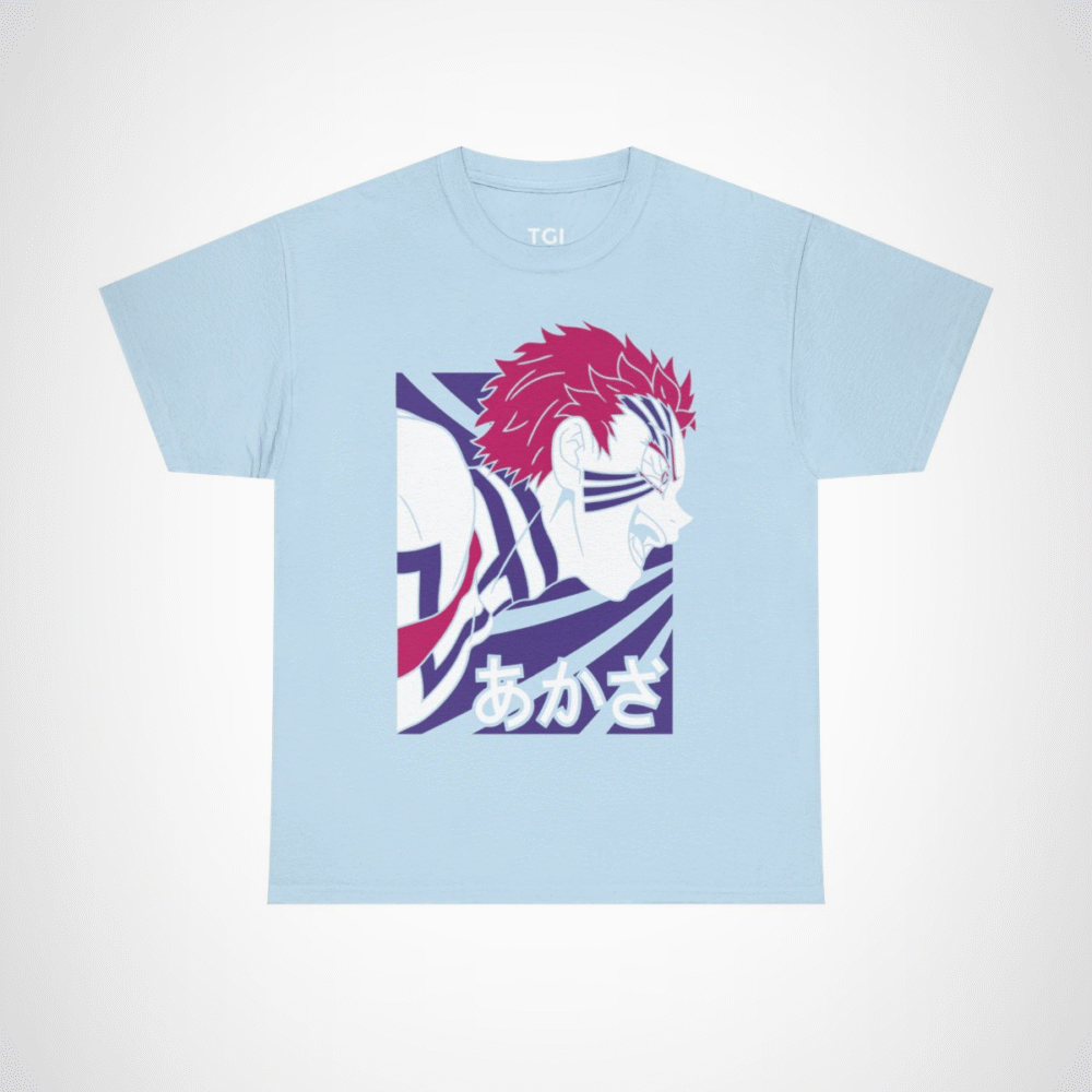 Fierce Akaza Anime Tee showcasing vibrant design and character illustration Light Blue colour