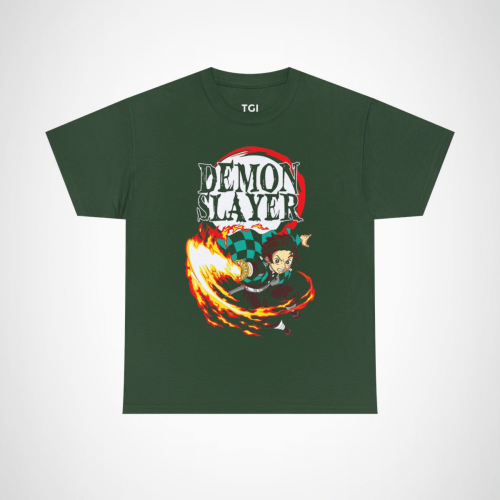 Demon Slayer Fiery Hero T-Shirt with dynamic anime character design Forest Green colour