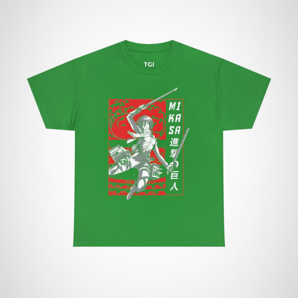 Mikasa Ackerman Attack on Titan T-Shirt design with vibrant graphics Irish Green colour