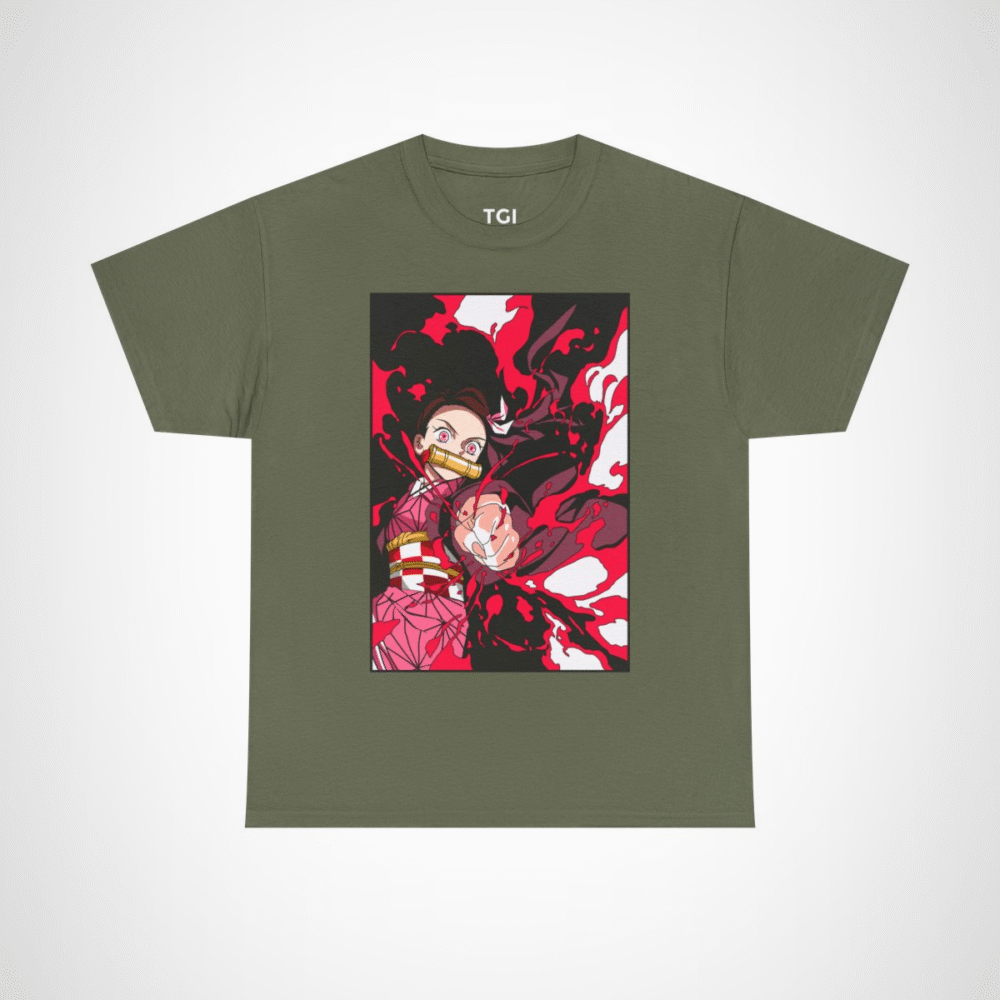 Fierce anime character graphic t-shirt for anime enthusiasts Military Green colour