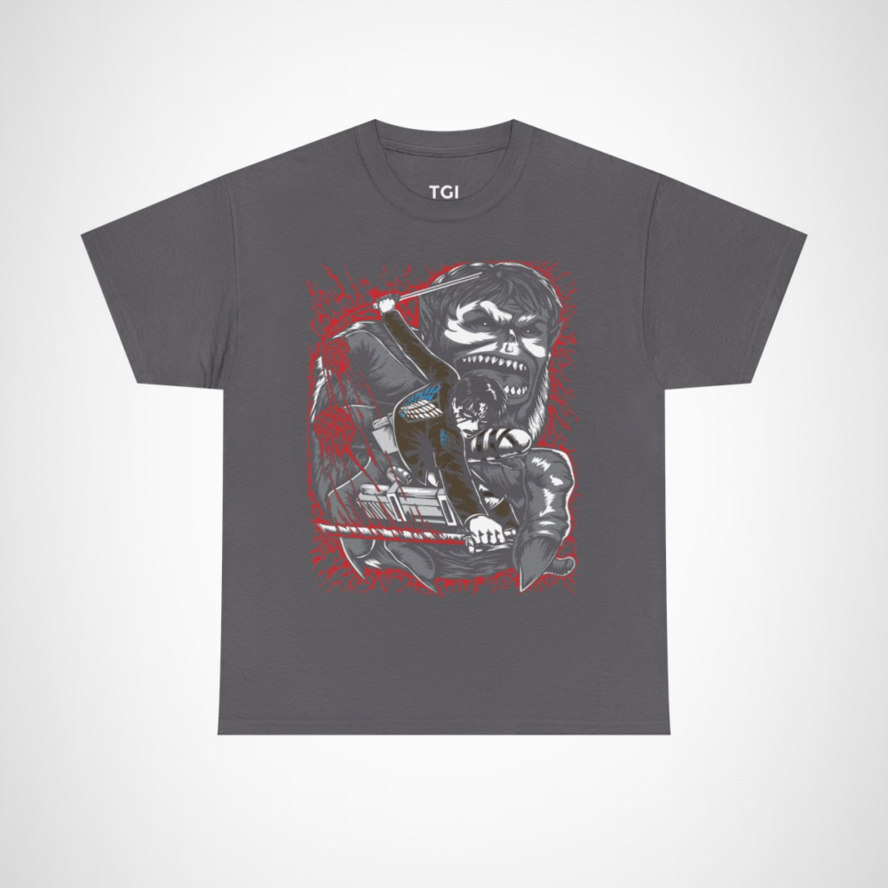 Epic Titans Battle T-Shirt featuring a fierce anime warrior design Charcoal colour
