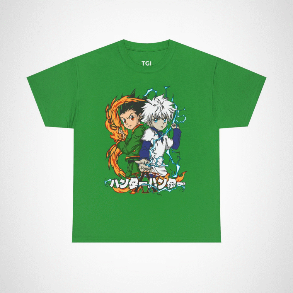 Stylish t-shirt featuring Gon and Killua from Hunter x Hunter, perfect for anime fans. Irish Green colour