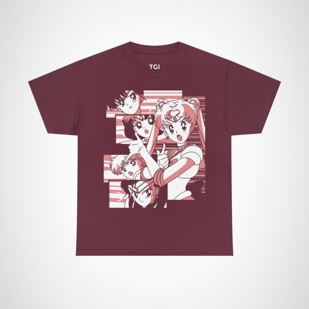 Sailor Moon & Friends Retro Graphic Tee featuring beloved characters in a nostalgic design Maroon colour