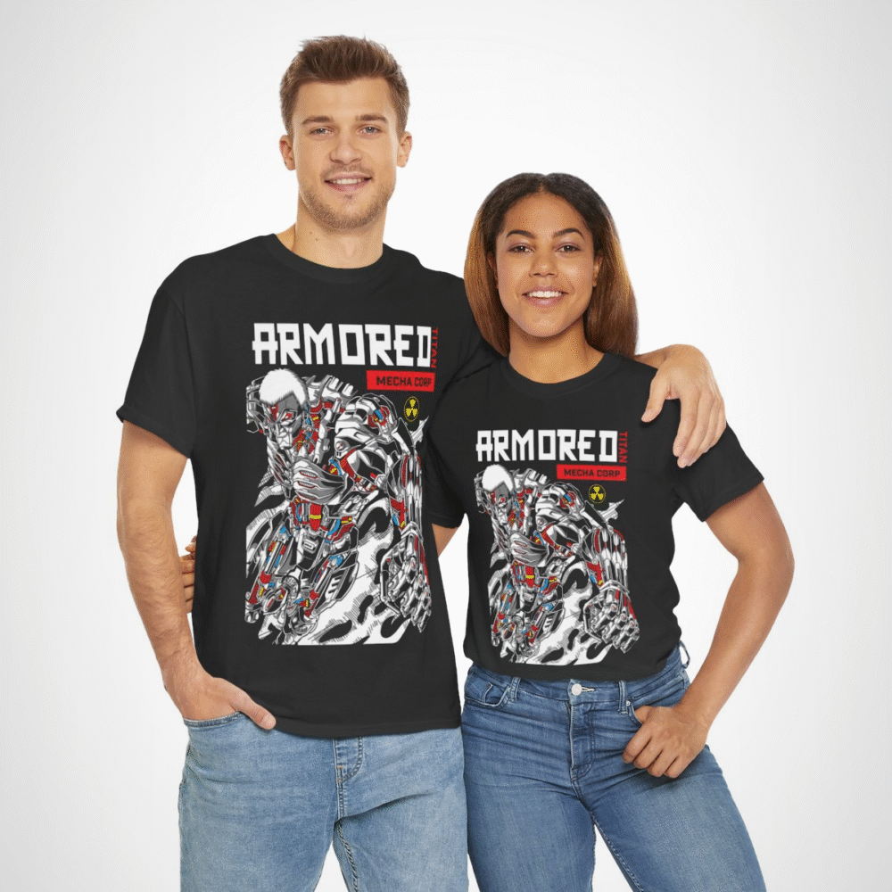 Armored Titan Mecha Graphic Tee displayed in a stylish manner