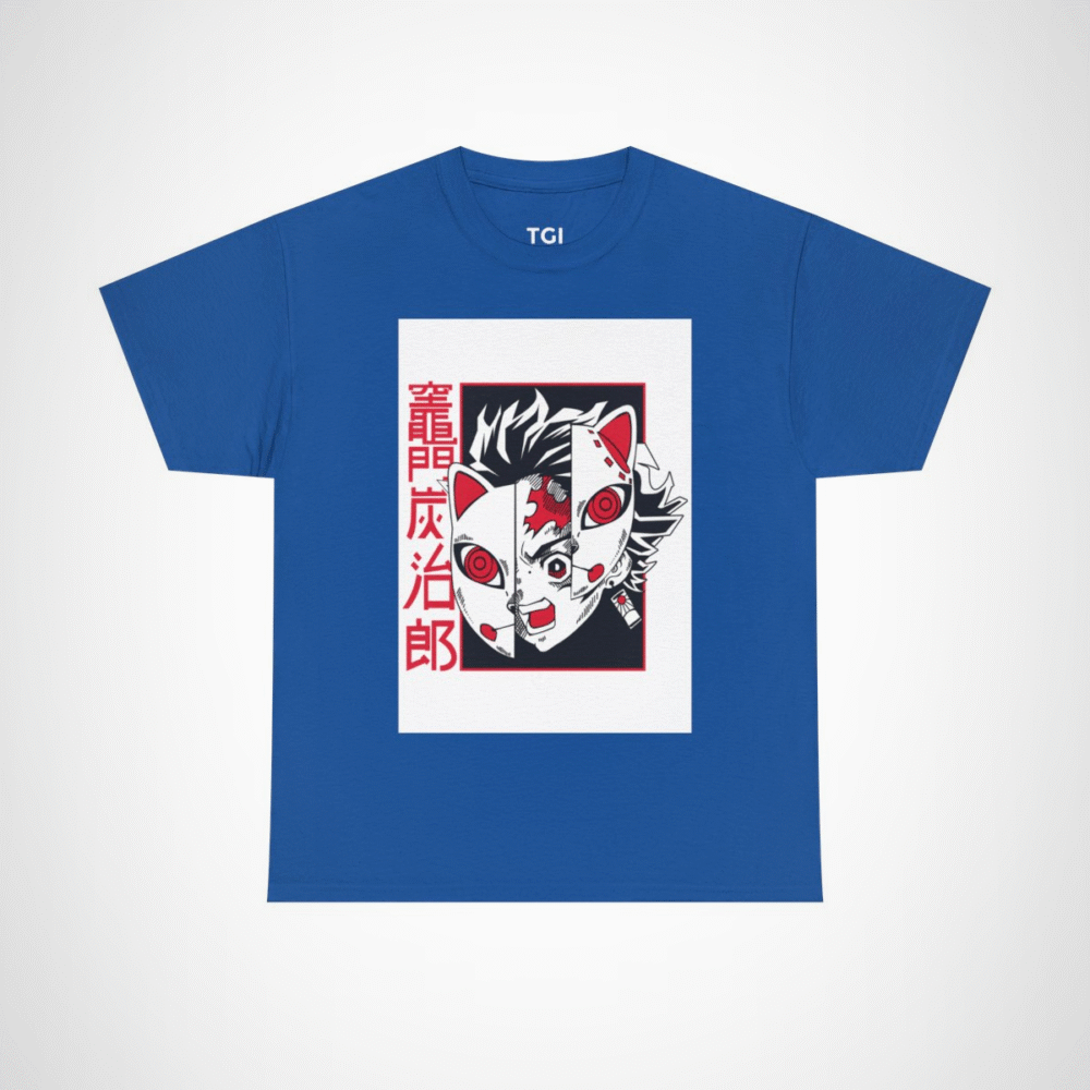 Stylish Oni Mask Graphic Tee showcasing a unique Japanese design for anime lovers Royal colour