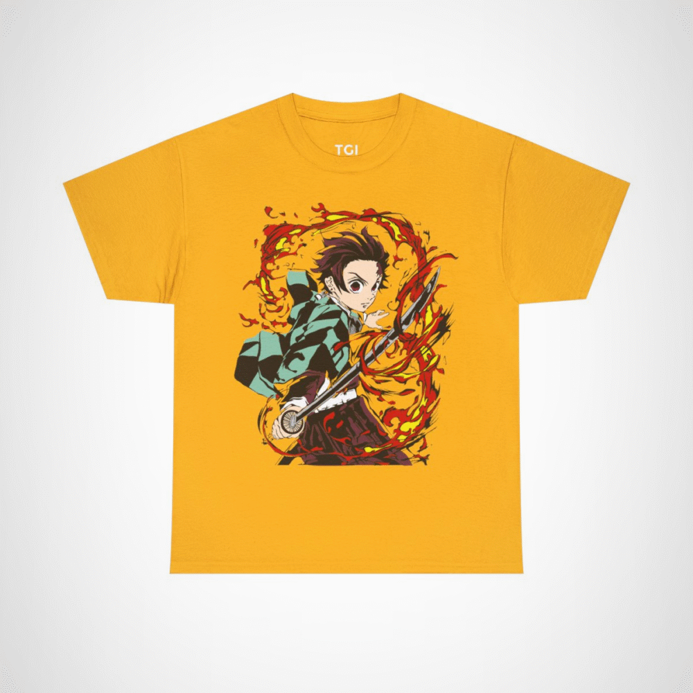 Fierce Samurai Warrior T-Shirt showcasing dynamic anime inspired design Gold colour
