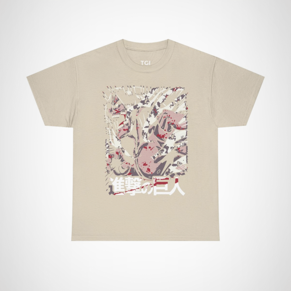 Fierce Attack on Titan inspired t-shirt featuring iconic character design Sand colour