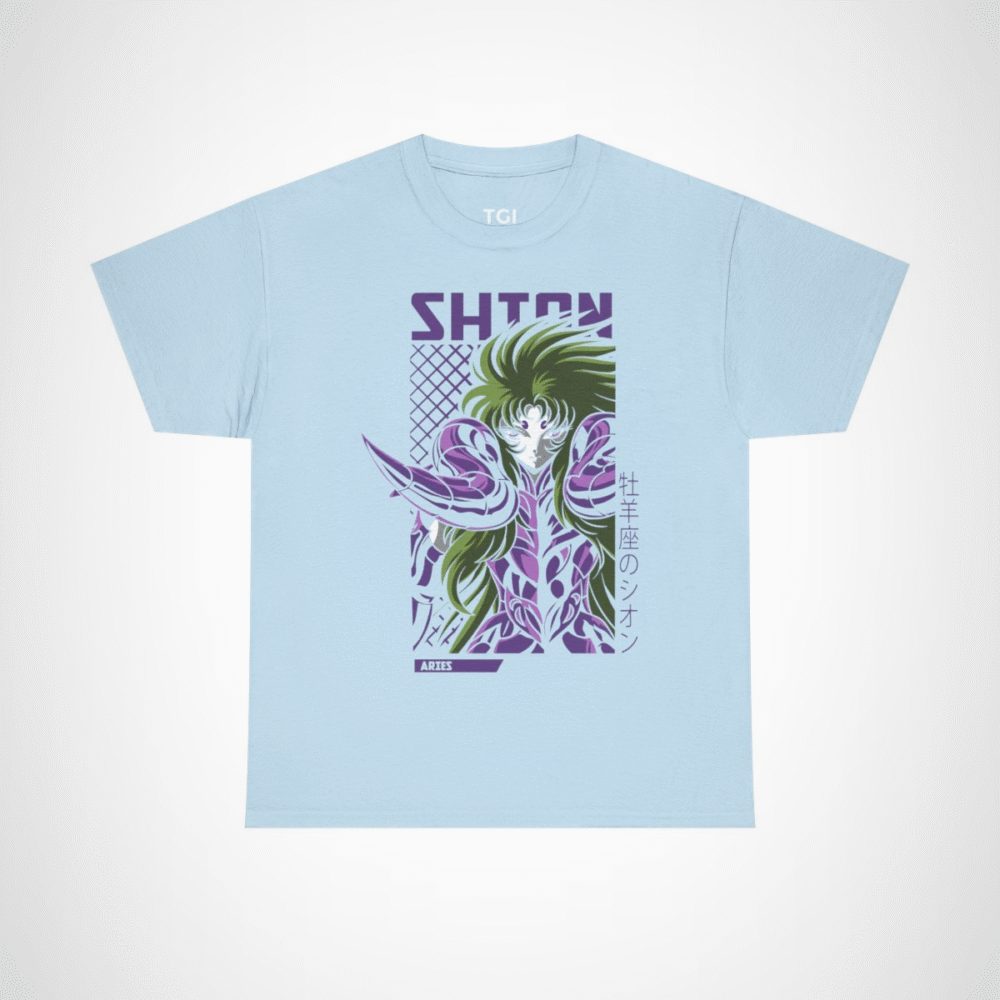 Aries Shion Mythical Warrior T-Shirt featuring stunning anime art Light Blue colour