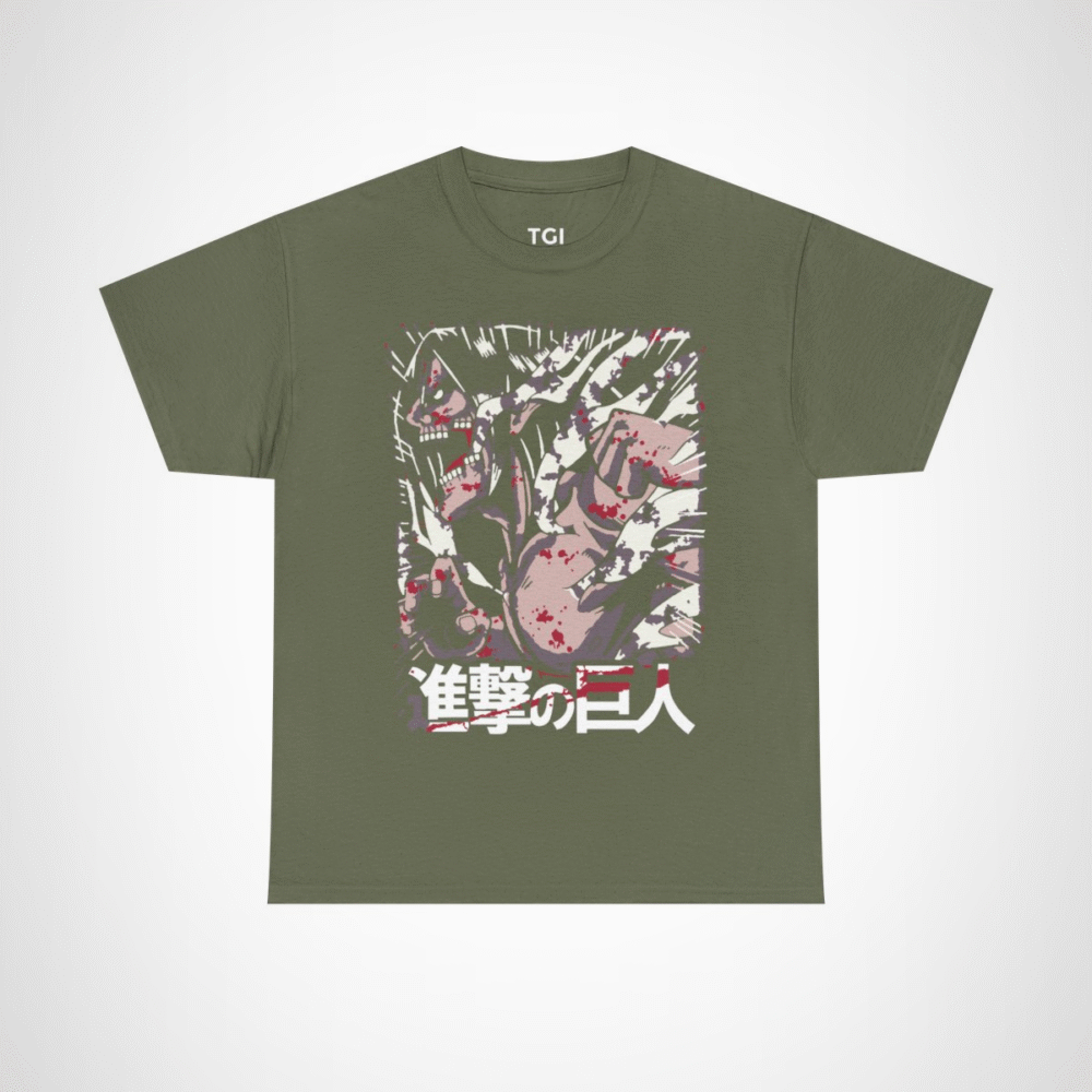 Fierce Attack on Titan inspired t-shirt featuring iconic character design Military Green colour