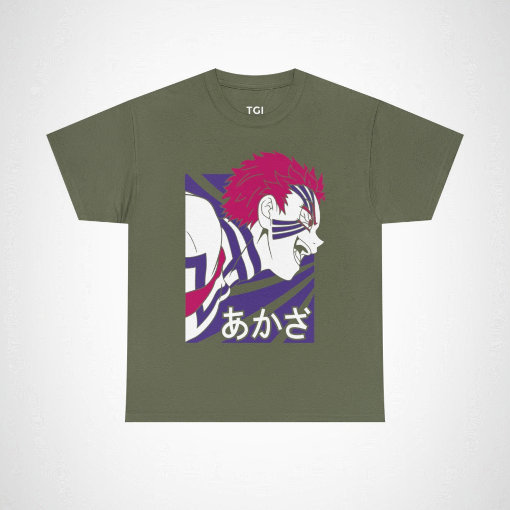 Fierce Akaza Anime Tee showcasing vibrant design and character illustration Military Green colour