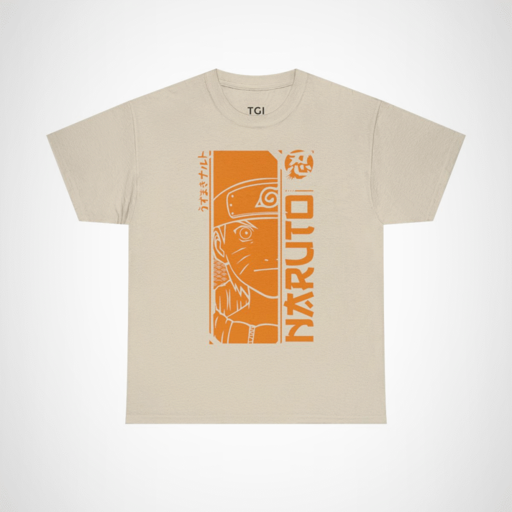 Naruto Uzumaki graphic t-shirt showcasing vibrant design for anime fans Sand colour
