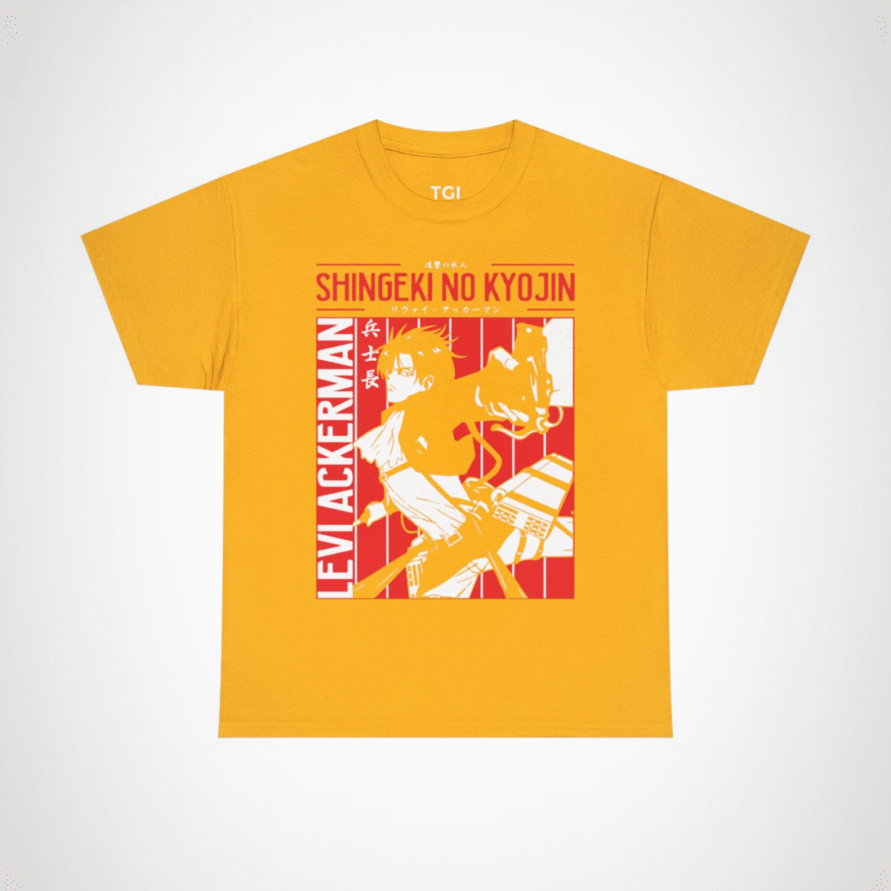 Levi Ackerman graphic t-shirt from Attack on Titan, perfect for anime fans Gold colour