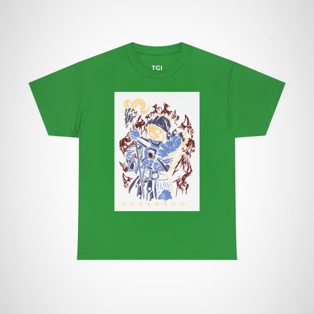 SKELETOR graphic t-shirt showcasing an intense villain design Irish Green colour