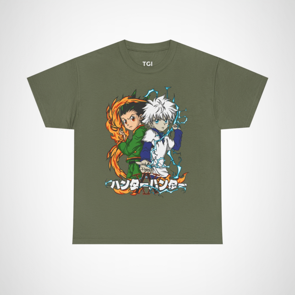 Stylish t-shirt featuring Gon and Killua from Hunter x Hunter, perfect for anime fans. Military Green colour