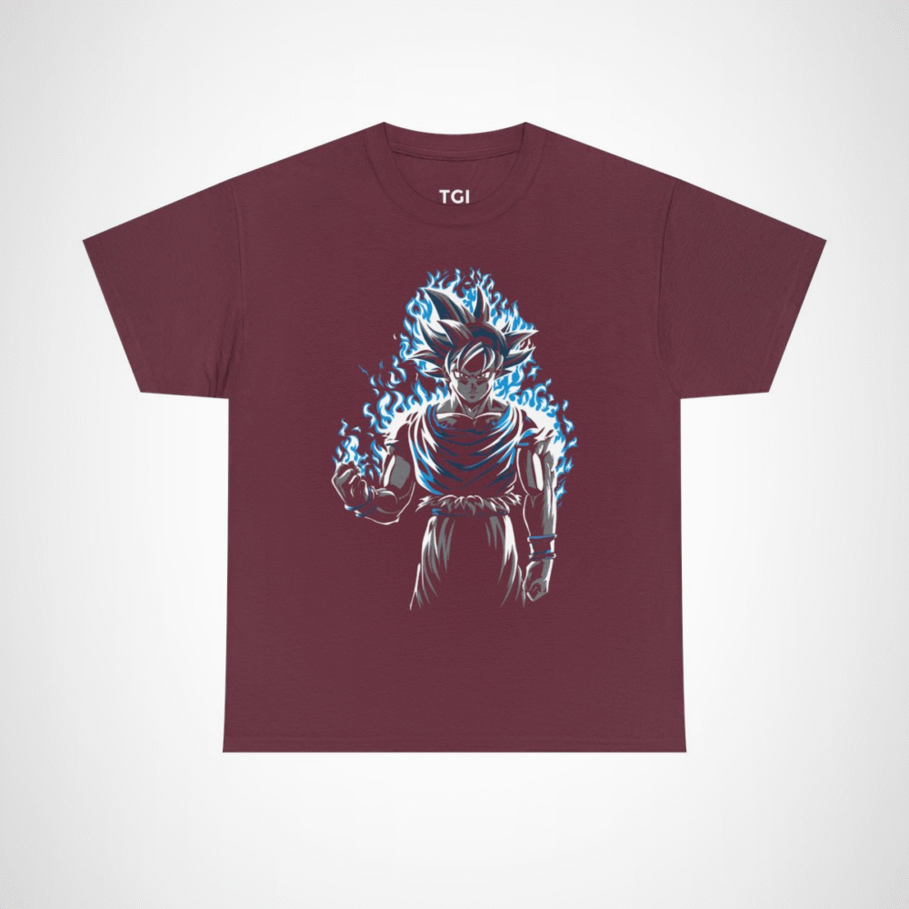 Epic Saiyan Power T-Shirt featuring a character surrounded by blue flames Maroon colour