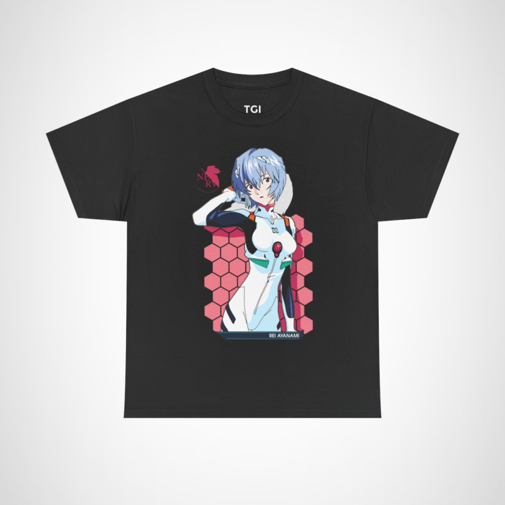 Rei Ayanami Neon Genesis Evangelion T-Shirt design featuring vibrant artwork Black colour