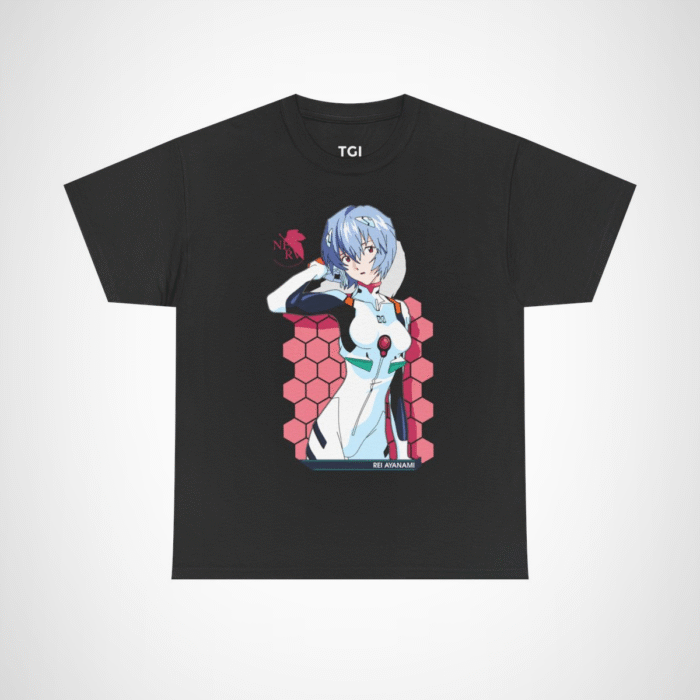 Rei Ayanami Neon Genesis Evangelion T-Shirt design featuring vibrant artwork Black colour