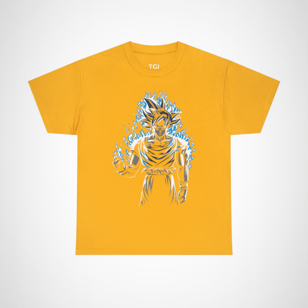 Epic Saiyan Power T-Shirt featuring a character surrounded by blue flames Gold colour