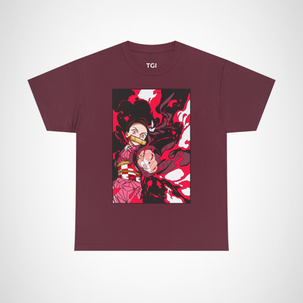 Demon Slayer inspired anime t-shirt featuring vibrant character design Maroon colour