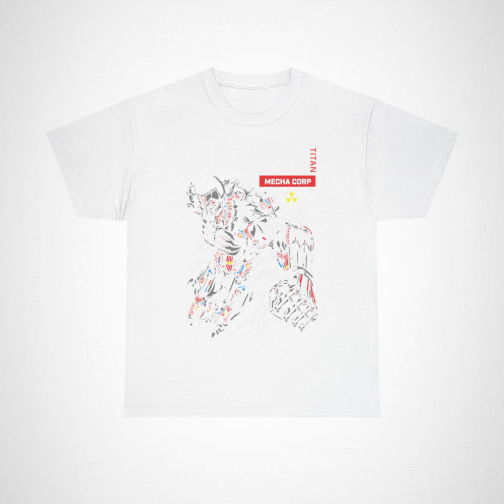 Armored Titan Mecha Graphic Tee displayed in a stylish manner White colour