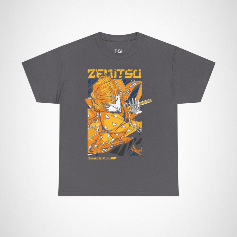 Vibrant Zenitsu Agatsuma T-Shirt featuring dynamic anime artwork Charcoal colour