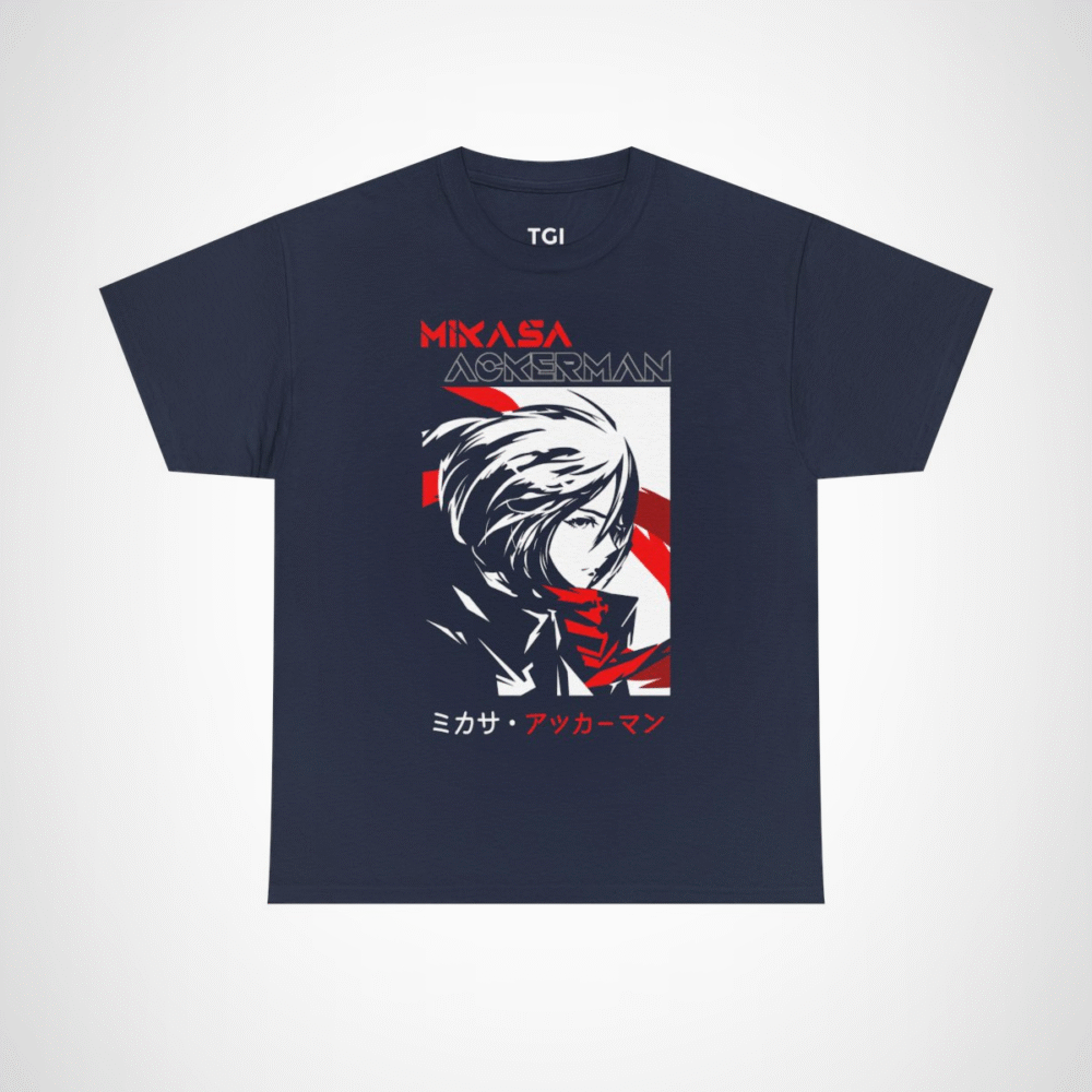 Mikasa Ackerman T-Shirt featuring vibrant artwork from Attack on Titan Navy colour