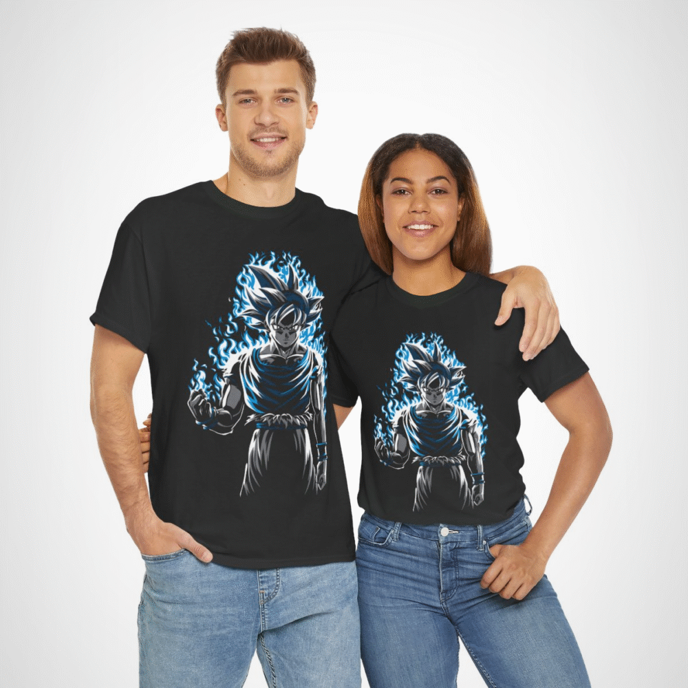 Epic Saiyan Power T-Shirt featuring a character surrounded by blue flames