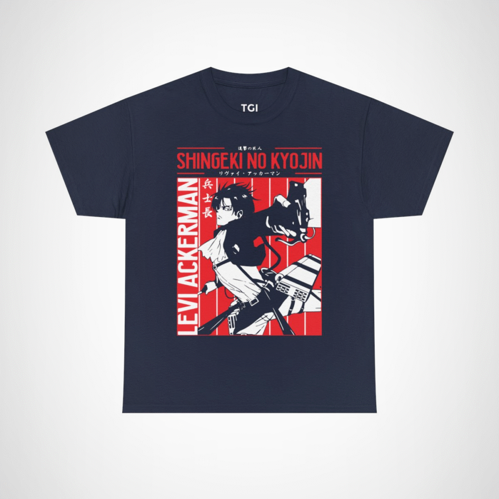 Levi Ackerman graphic t-shirt from Attack on Titan, perfect for anime fans Navy colour