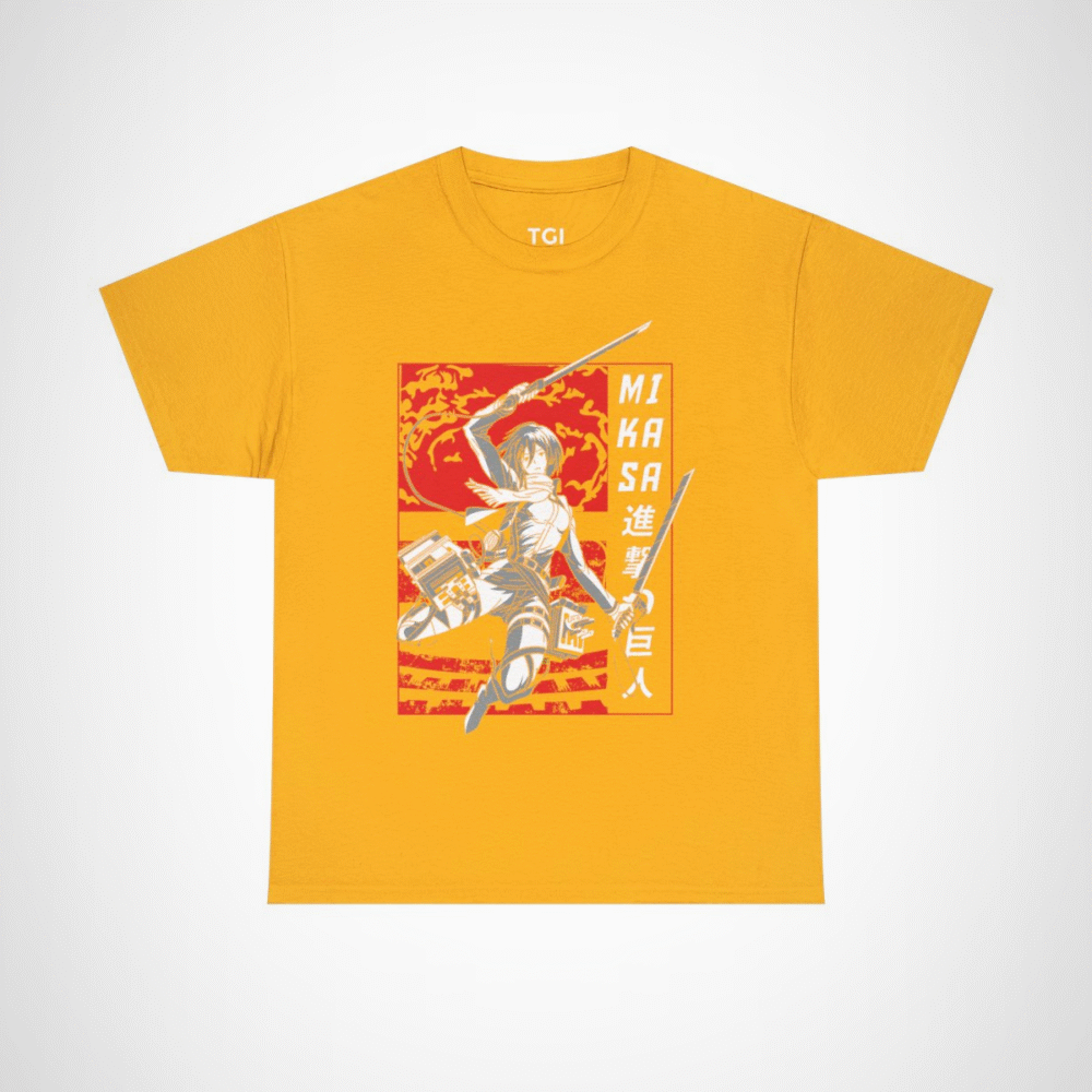 Mikasa Ackerman Attack on Titan T-Shirt design with vibrant graphics Gold colour
