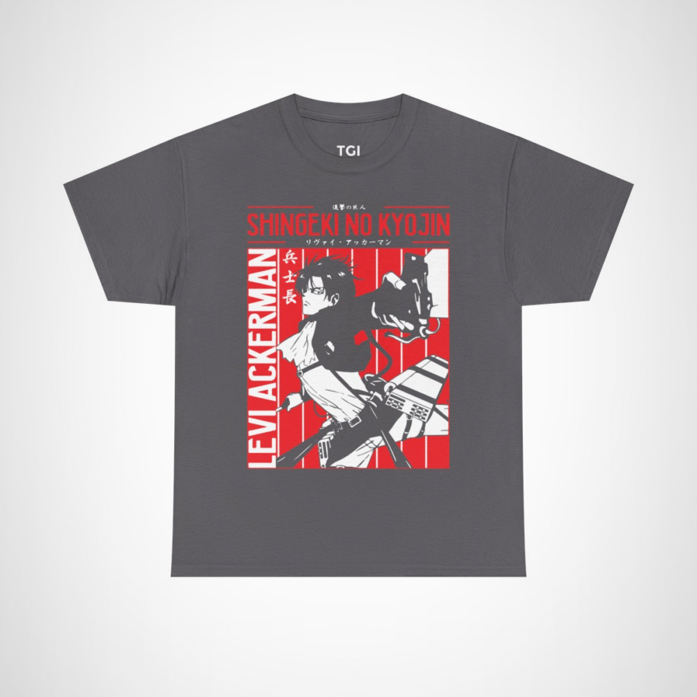 Levi Ackerman graphic t-shirt from Attack on Titan, perfect for anime fans Charcoal colour