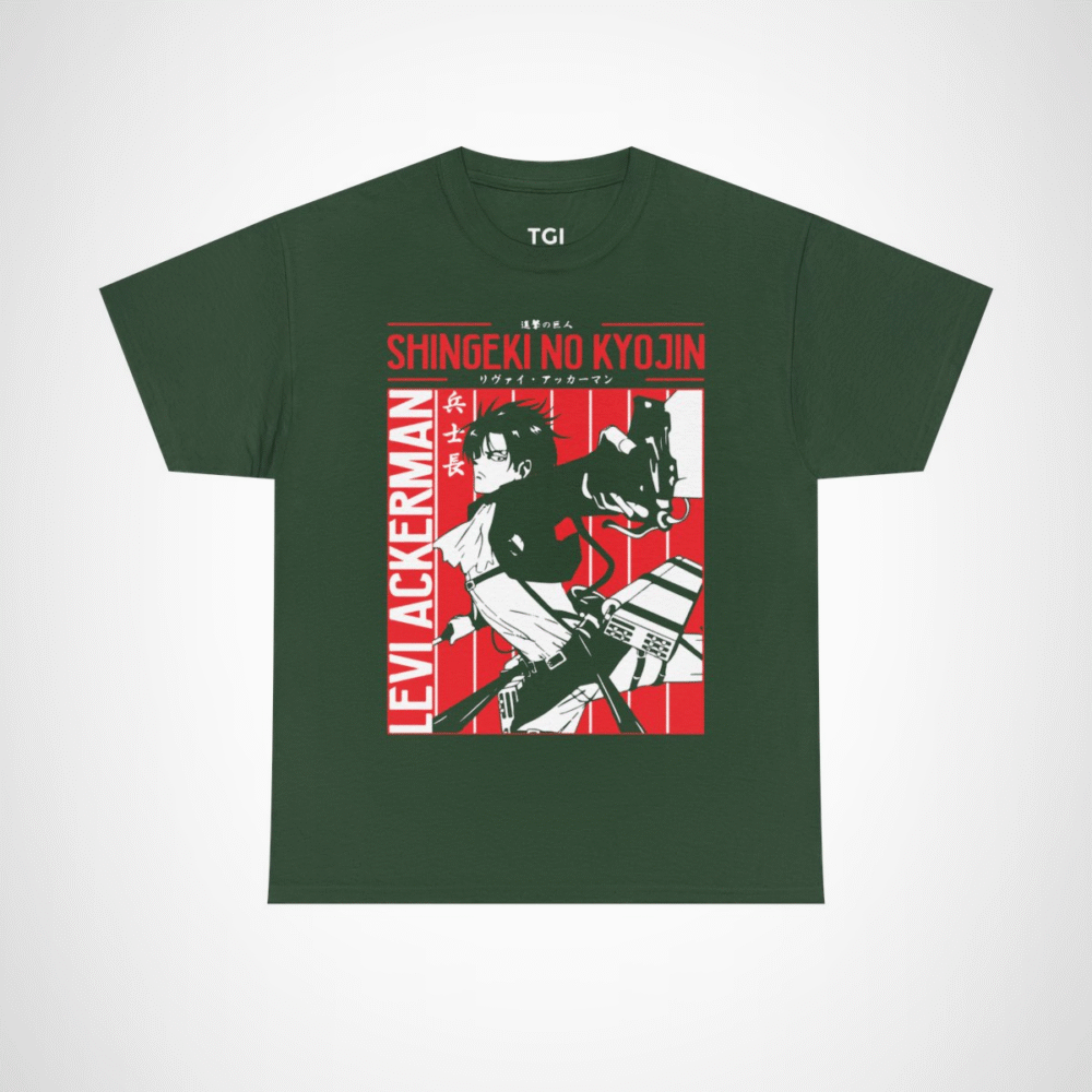 Levi Ackerman graphic t-shirt from Attack on Titan, perfect for anime fans Forest Green colour