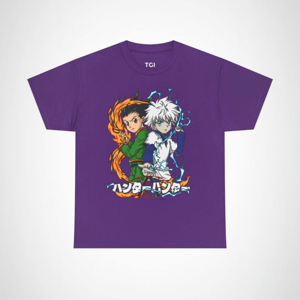 Stylish t-shirt featuring Gon and Killua from Hunter x Hunter, perfect for anime fans. Purple colour