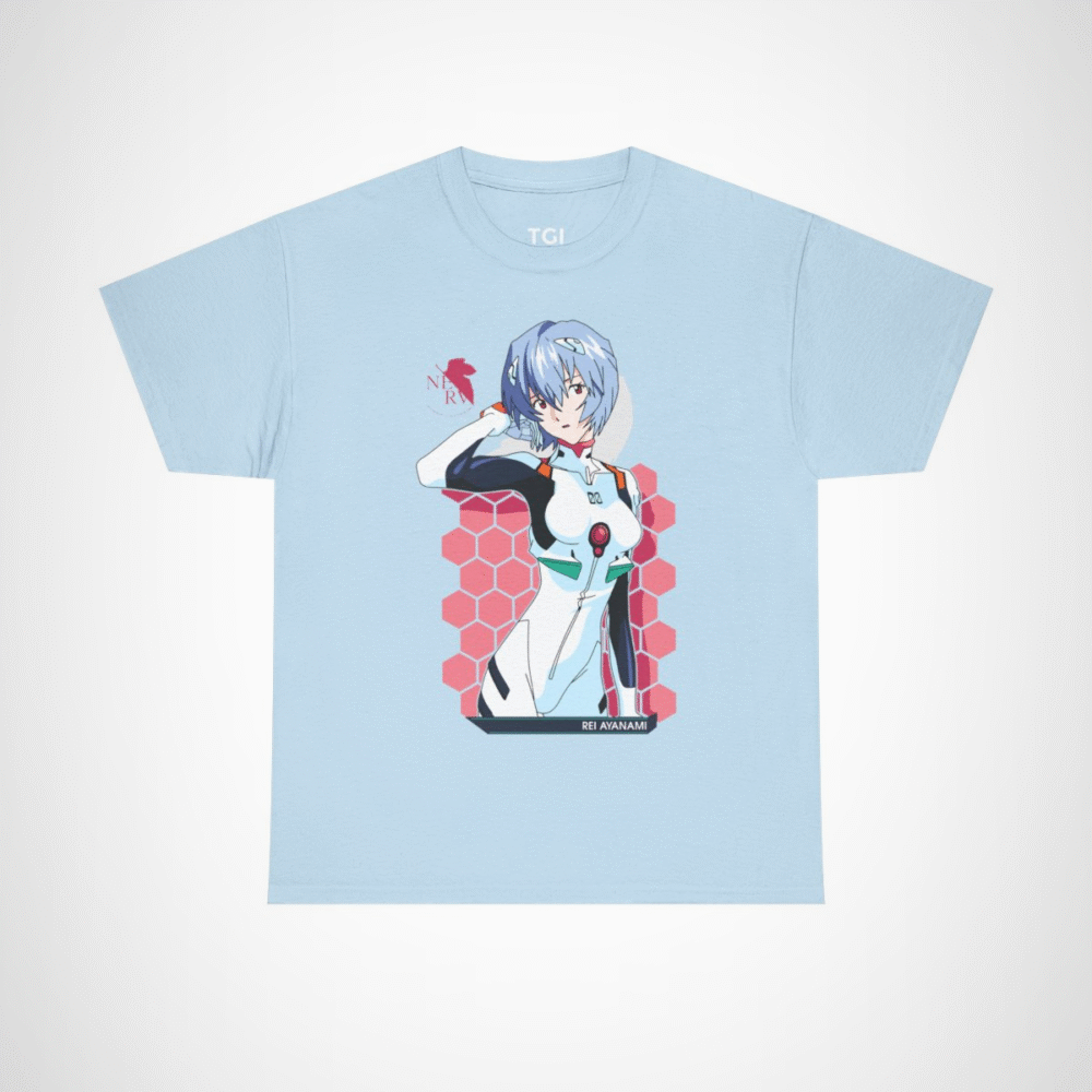 Rei Ayanami Neon Genesis Evangelion T-Shirt design featuring vibrant artwork Light Blue colour