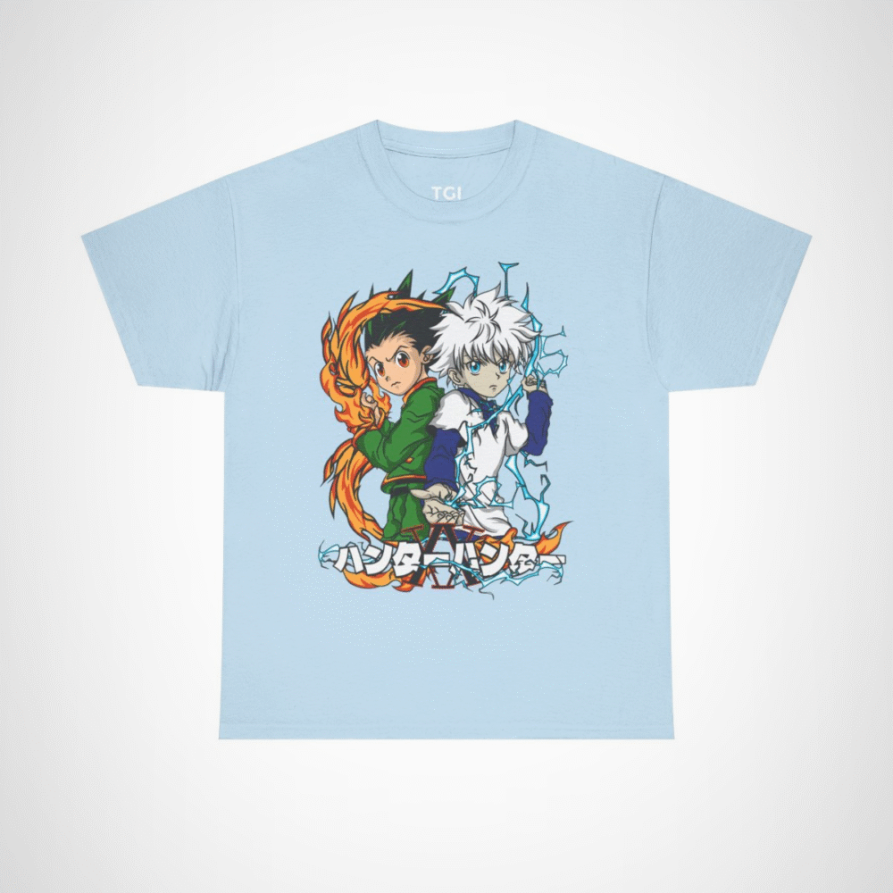 Stylish t-shirt featuring Gon and Killua from Hunter x Hunter, perfect for anime fans. Light Blue colour