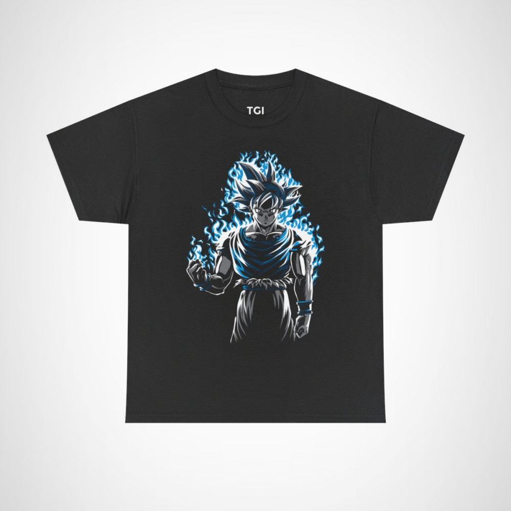 Epic Saiyan Power T-Shirt featuring a character surrounded by blue flames Black colour