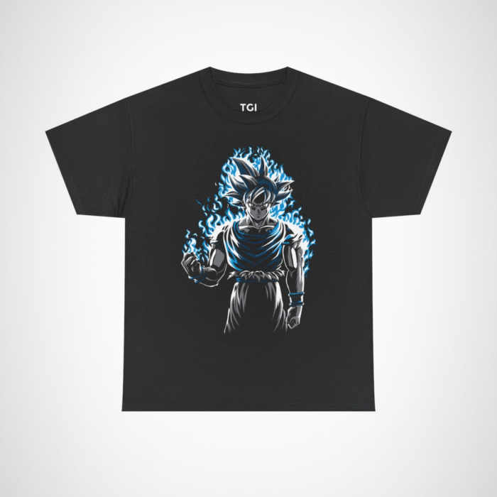 Epic Saiyan Power T-Shirt featuring a character surrounded by blue flames Black colour