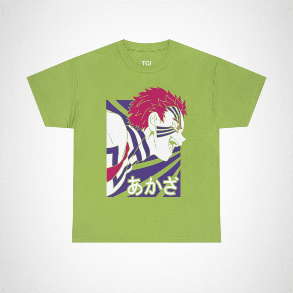 Fierce Akaza Anime Tee showcasing vibrant design and character illustration Kiwi colour