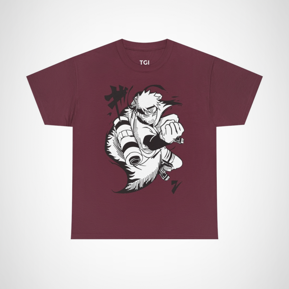 Epic Ninja Adventure T-Shirt featuring an action-packed anime character Maroon colour