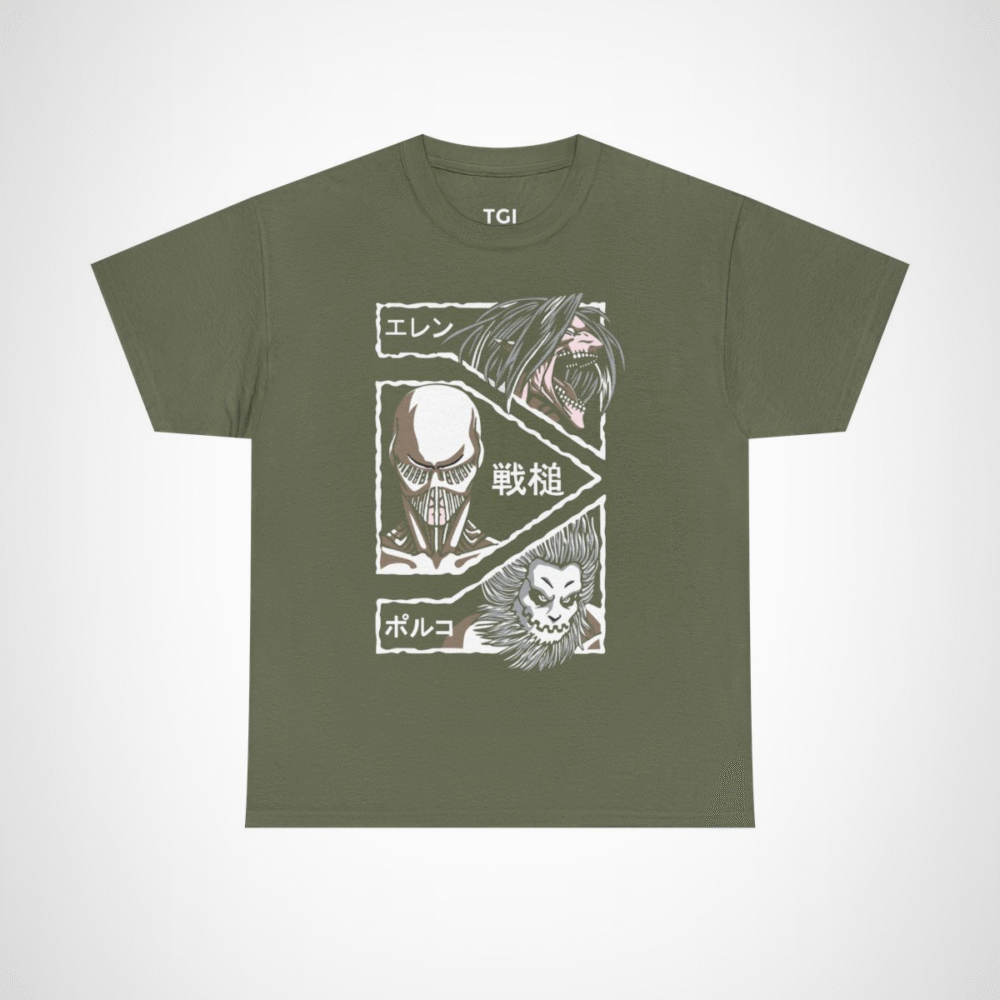 Attack on Titan inspired graphic t-shirt featuring epic designs Military Green colour