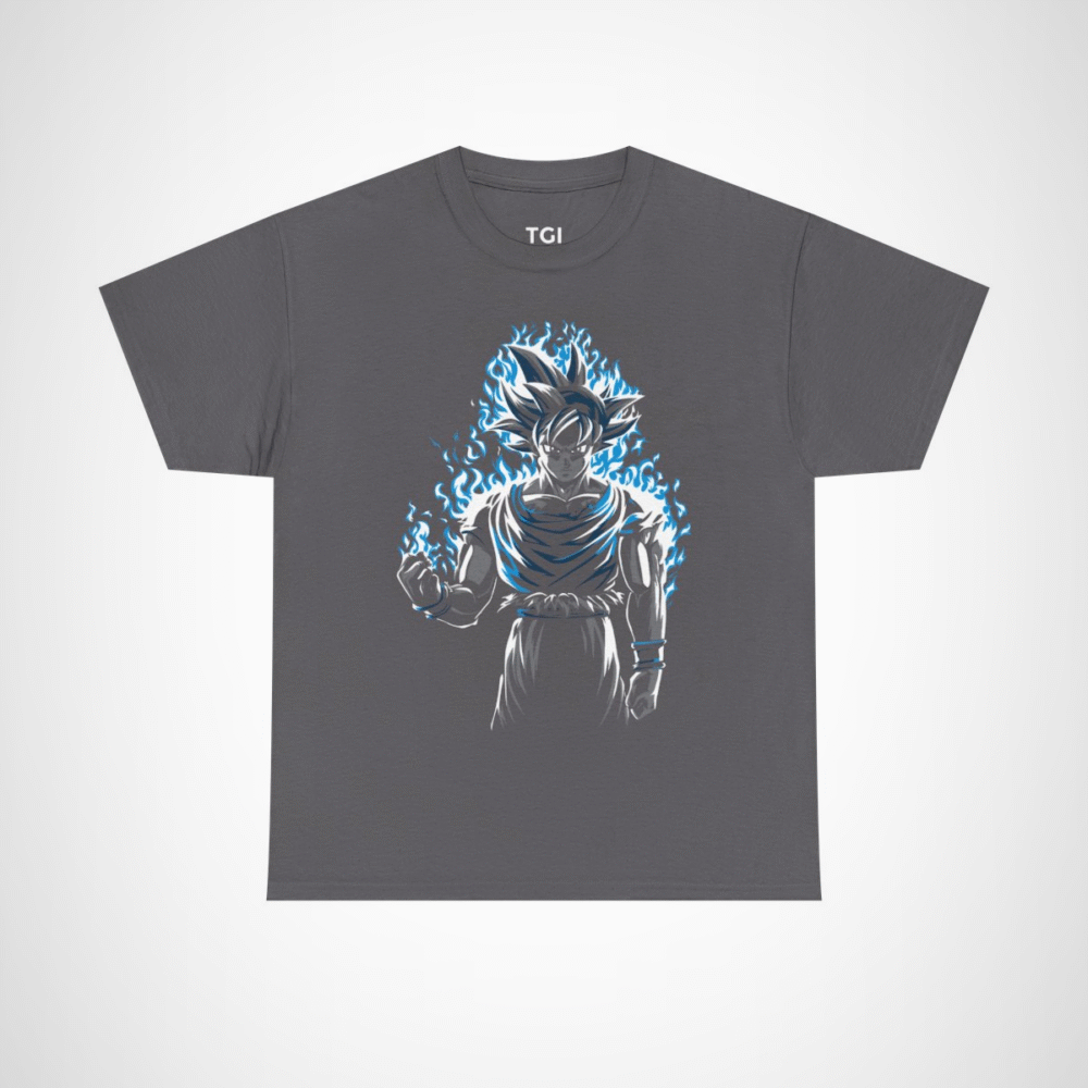 Epic Saiyan Power T-Shirt featuring a character surrounded by blue flames Charcoal colour