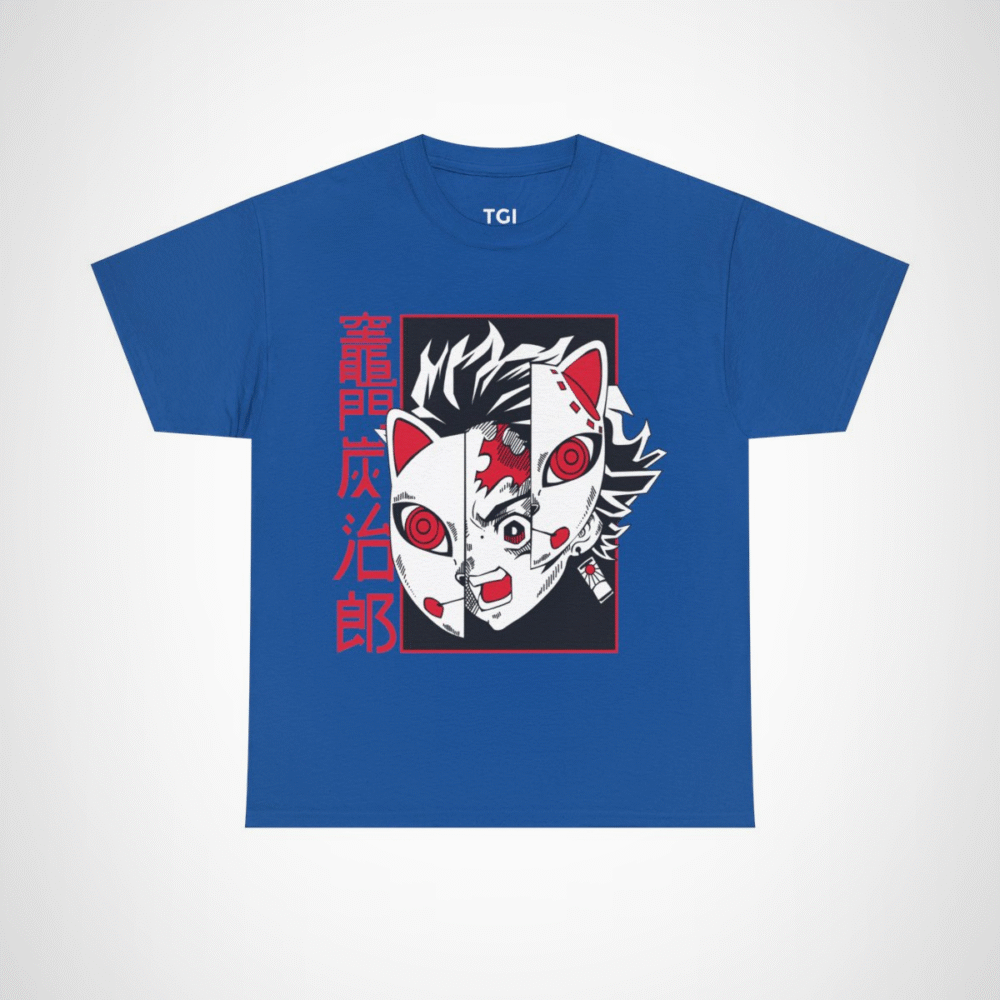 Bold Oni Mask Tee featuring intricate Oni design Royal colour