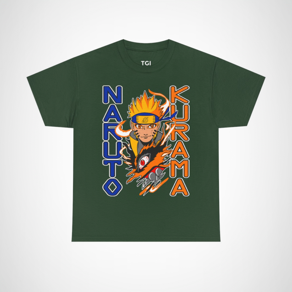 Epic Naruto Kurama graphic tee featuring Naruto Uzumaki and Kurama Forest Green colour