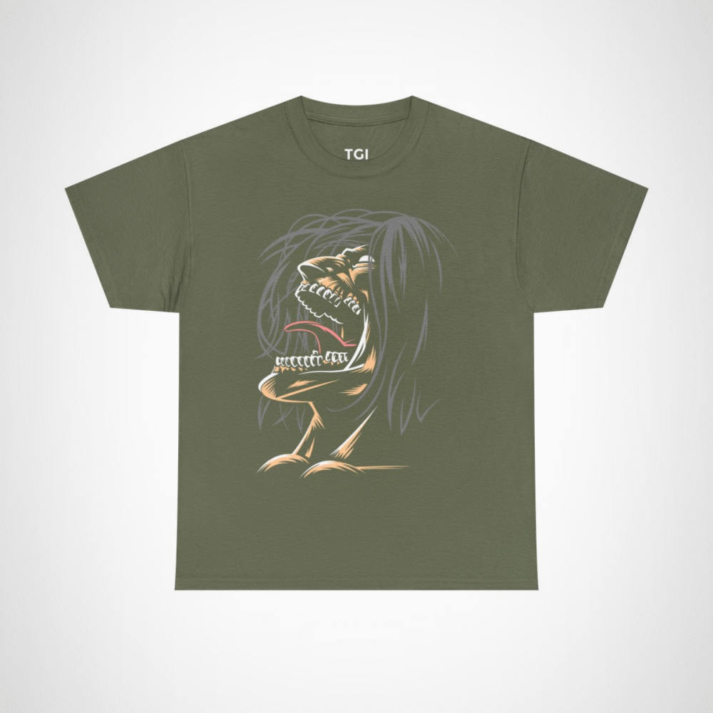 Fierce Grinning Creature T-Shirt with unique graphic design Military Green colour