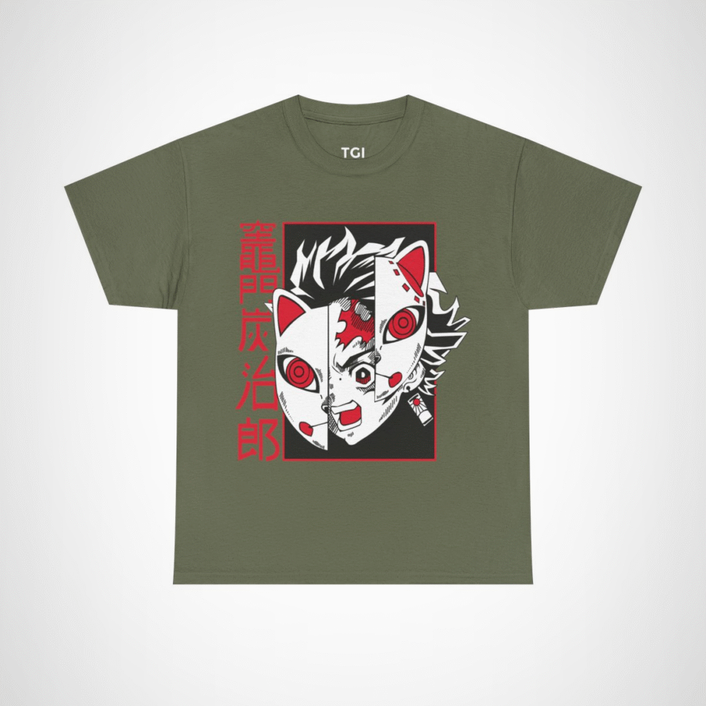Bold Oni Mask Tee featuring intricate Oni design Military Green colour