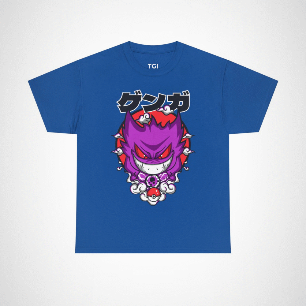 Gengar Ghostly Adventures T-Shirt featuring vibrant design and swirling clouds Royal colour