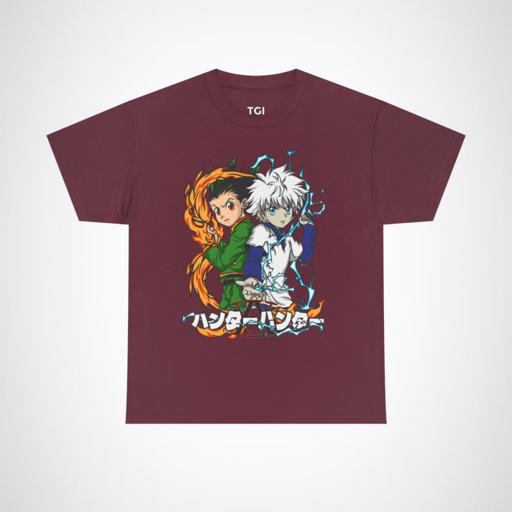 Stylish t-shirt featuring Gon and Killua from Hunter x Hunter, perfect for anime fans. Maroon colour