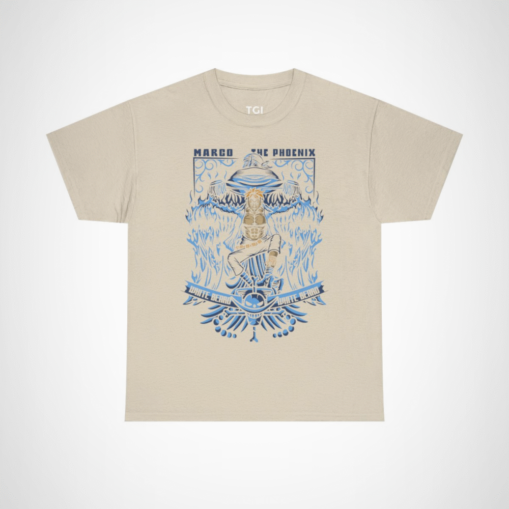 Maroo the Phoenix inspired t-shirt featuring bold anime design Sand colour