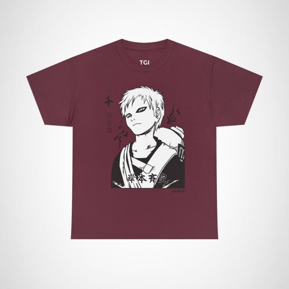 Monochrome manga character line art t-shirt for manga fans Maroon colour