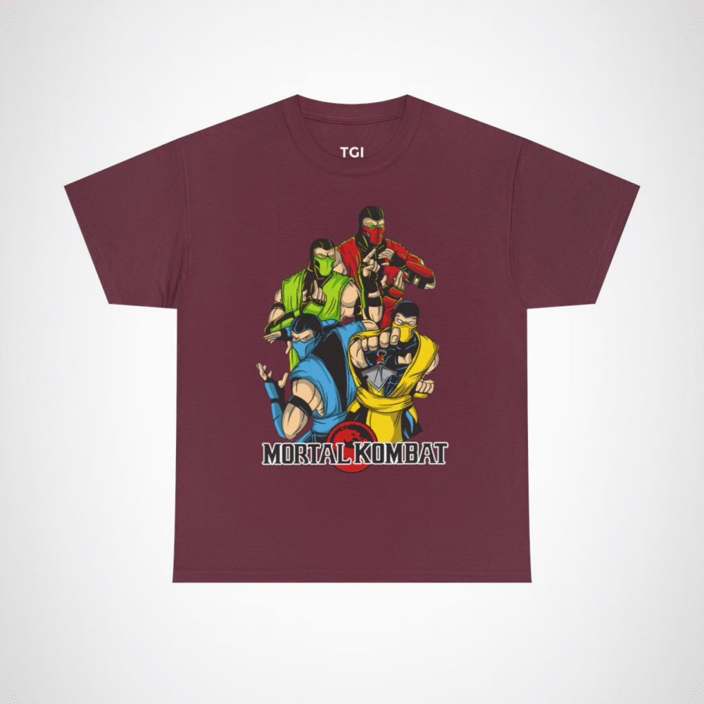 Epic Mortal Kombat Ninja Showdown T-Shirt featuring vibrant ninja design Maroon colour